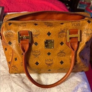 MCM Cognac Visetos Logo Satchel with Gold Hardware